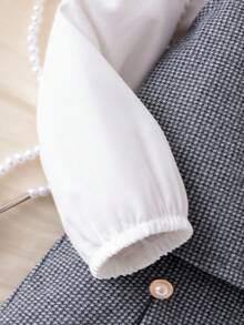 SHEIN 3件套女童长袖翻领休闲衬衫、精致珍珠纽扣背心外套、短裤套装，现代风格儿童服装，春秋冬装 - 黑色 - 查看 5