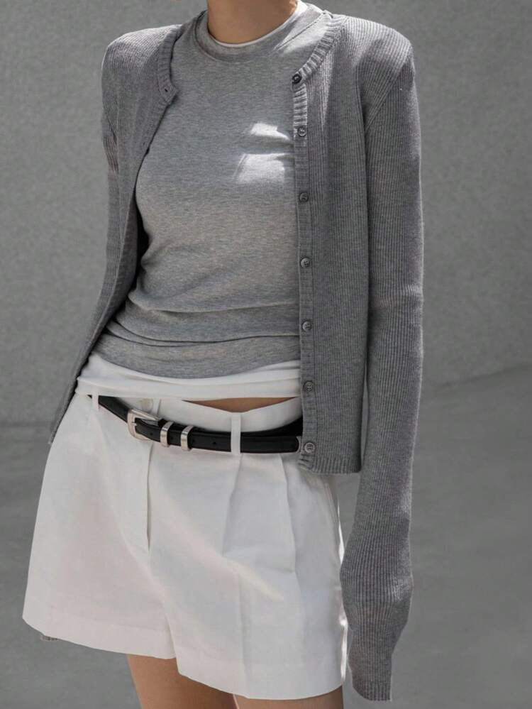 Simple Round Neck Button Up Solid Color Versatile High Waist Cropped Long Sleeve Cardigan For Women