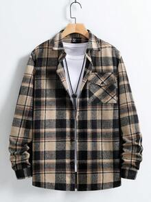 Manfinity Homme 秋季大码男士格子长袖单排扣口袋休闲夹克