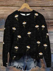 SHEIN LUNE 休闲简约印花图案圆领宽松女式卫衣，复古复古风格，3D刺绣印花，适合初秋和秋冬 - 彩色 - 查看 4