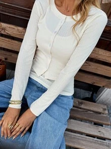 Chiquease Conjunto de 2 piezas de top de manga larga con botones delanteros de unicolor casual y camiseta interior para mujer - Albaricoque - Ver 6