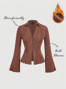 SHEIN MOD Women's Casual Solid Color Bell Sleeve Button Front T-Shirt,Autumn/Winter,Halloween Clothes ,New Year Women's Clothes,Thanksgiving, Warmth,Casual - Brown - View 2