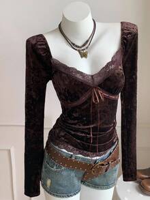 SHEIN EZwear Plus Size Women's Elegant Lace Patchwork Bow Decor Velvet Fitted T-Shirt, Spring/Autumn - Brown - View 1