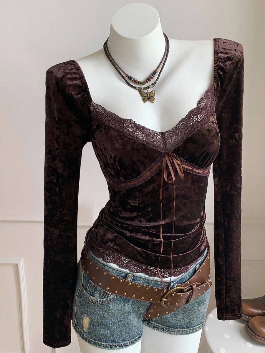 SHEIN EZwear Plus Size Women's Elegant Lace Patchwork Bow Decor Velvet Fitted T-Shirt, Spring/Autumn - Brown - View 1