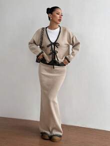 Flirla 2 piezas Conjunto básico de punto casual con tirantes de lazo degradado, otoño/invierno - Multicolor - Ver 4