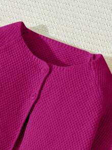 Blossori 少女法式优雅灰色纽扣宽松长袖开衫，秋冬 - 玫紅色 - 查看 4