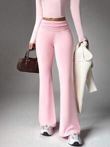 Sovereign Charm Women's Casual Solid Color Pleated Flare Pants - Pink - View 1
