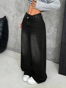 SHEIN PETITE CURVE 大码女式不对称腰部复古蓝色宽松直筒牛仔裤 - 黑色 - 查看 6