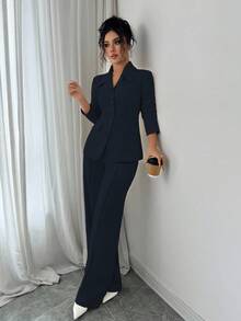 Elenzga بدلة نسائية من قماش سميك بياقة على شكل حرف V باللون المشمشي، مزينة بأزرار تباين باللون الأسود وجيوب وهمية، بتصميم بدلة معلم أنيقة واحترافية، مناسبة لأجواء وعيد الهالوين، موضة خريفية جديدة، بنطلون واسع بخصر مشدود وساق مستقيمة، طقم قطعتين - أزرق بحري - مشاهدة 5