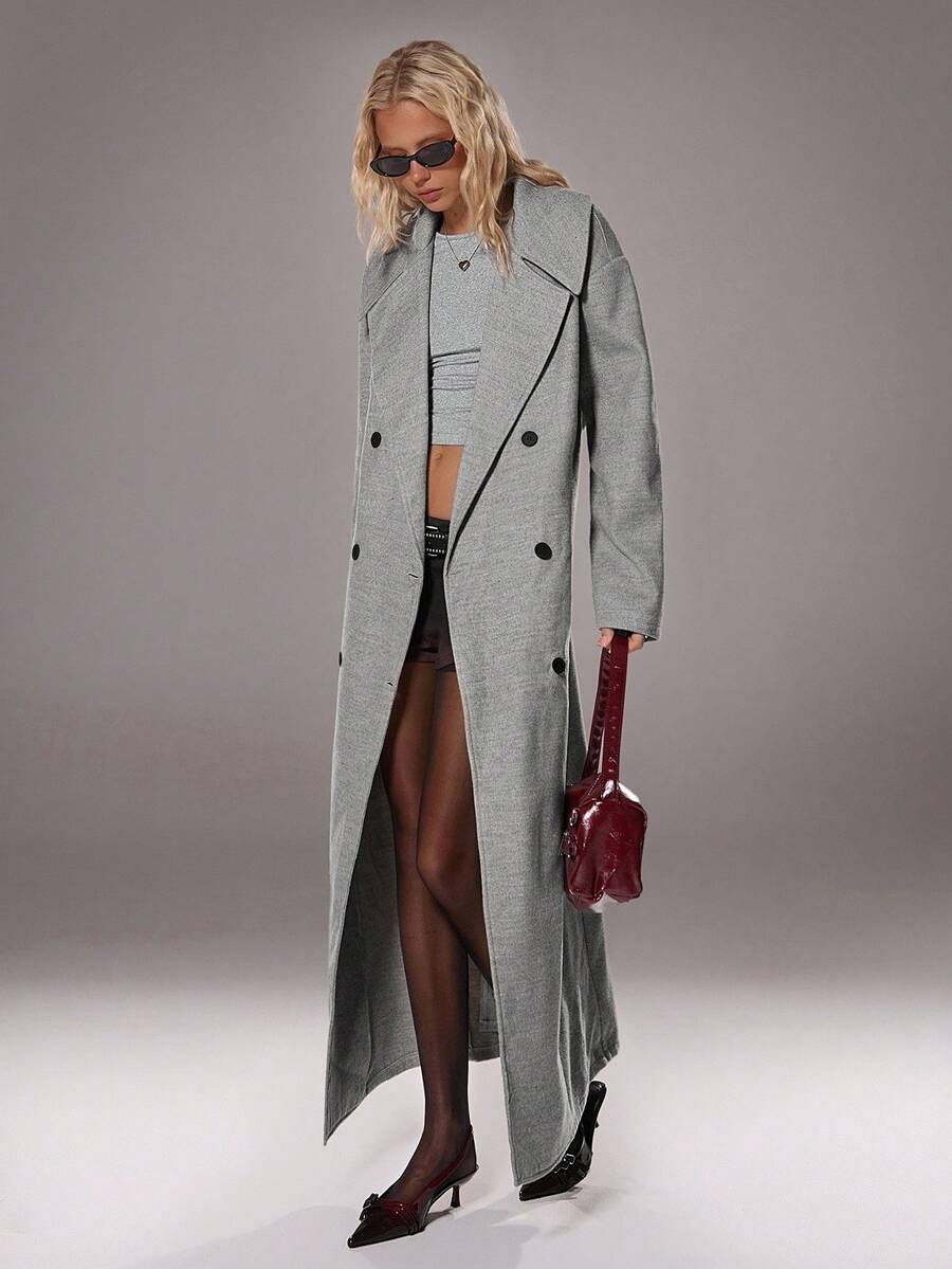 TRNVIE 1pc Women's Grey Long Lapel Casual Winter Jacket - Light Grey - View 1