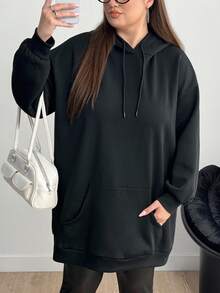 Enliva 大码女式长款连帽卫衣，带口袋，保暖内衬，长袖宽松版型，适合秋冬季穿着。 - 黑色 - 查看 8