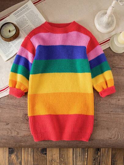 Sparklyn Young Girl' Colorful Contrast Lantern Sleeve Cute & Elegant Knitted Dress Fall Winter