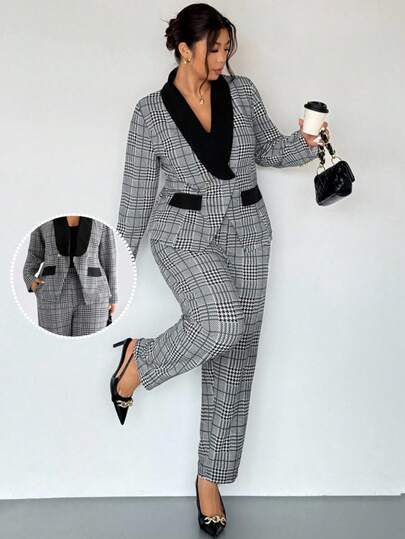 Firerie 大码女式千鸟格立领无袖夹克和裤子休闲通勤套装，适合秋季千鸟格裤装女士办公室服装女士裤装格子裤装女士西装套装女士西装套装女士西装裤套装女士女士裤装