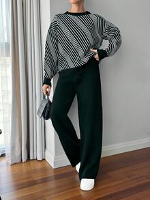 EURMUSE Women Balloon Sleeve Black And White Sweater Co-Ords Set - Dark Green - View 1