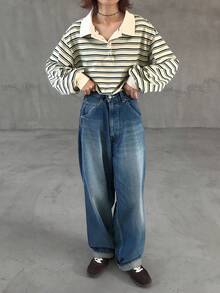 FRIFUL Women's Casual Loose Striped Drop Shoulder Long Sleeve T-Shirt, Autumn Preppy Tops Striped Shirt Collared Shirt Striped Long Sleeve Striped Blouse