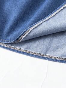 SHEIN Váy denim cho bé gái, thiết kế cổ Peter Pan dễ thương mới, váy denim thêu màu xanh bạc hà. Thoải mái & đa năng, thiết yếu cho trang phục hàng ngày - Rửa trung bình - Xem 7