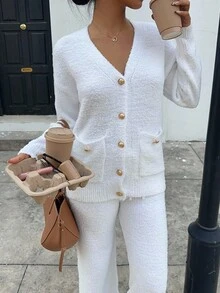SHEIN Unity Setelan 2 Potong Kardigan dan Celana Rajut Warna Polos Serbaguna untuk Wanita, Cocok untuk Musim Gugur dan Musim Dingin. - Putih - View 3