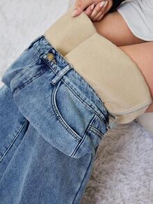 SHEIN Tall 秋冬季女士带口袋阔腿宽松休闲保暖牛仔裤，外出保暖卡其色保暖内衬破洞低腰直筒蓝色牛仔裤 - 中等水洗藍 - 查看 5