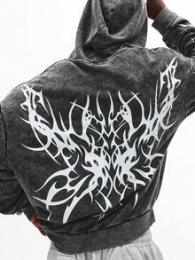SUMWON Gothic Design Hoodie im Säurewasch-Look, Streetwear Urban Fashion Pullover Sweatshirt mit großem Rückendruck, lässige Winter- und Herbst-Loungewear