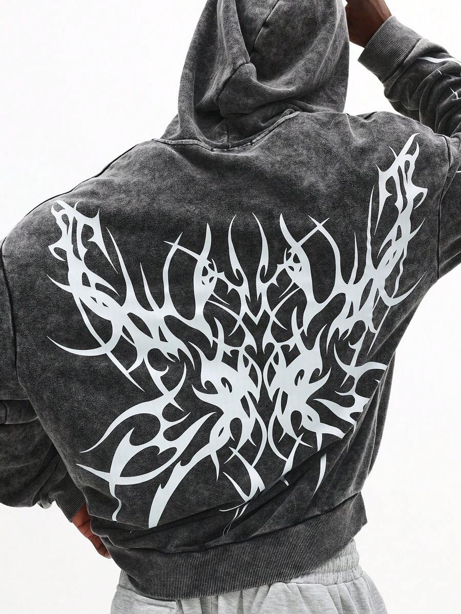 SUMWON Gothic Design Hoodie im Säurewasch-Look, Streetwear Urban Fashion Pullover Sweatshirt mit großem Rückendruck, lässige Winter- und Herbst-Loungewear
