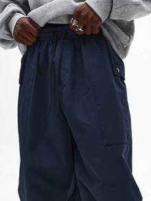 SUMWON Quần ống rộng dáng rộng thoải mái cho phong cách đường phố, quần dài thường ngày có dây rút, có túi bên hông, đồ mặc nhà lễ hội - Màu xanh hải quân - Xem 6
