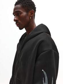 SUMWON Áo hoodie khóa kéo toàn thân đính đá sang trọng, phong cách đường phố cao cấp, tuyên ngôn thời trang đô thị, áo khoác ngoài thường ngày mùa đông thu dài tay - màu đen - Xem 3