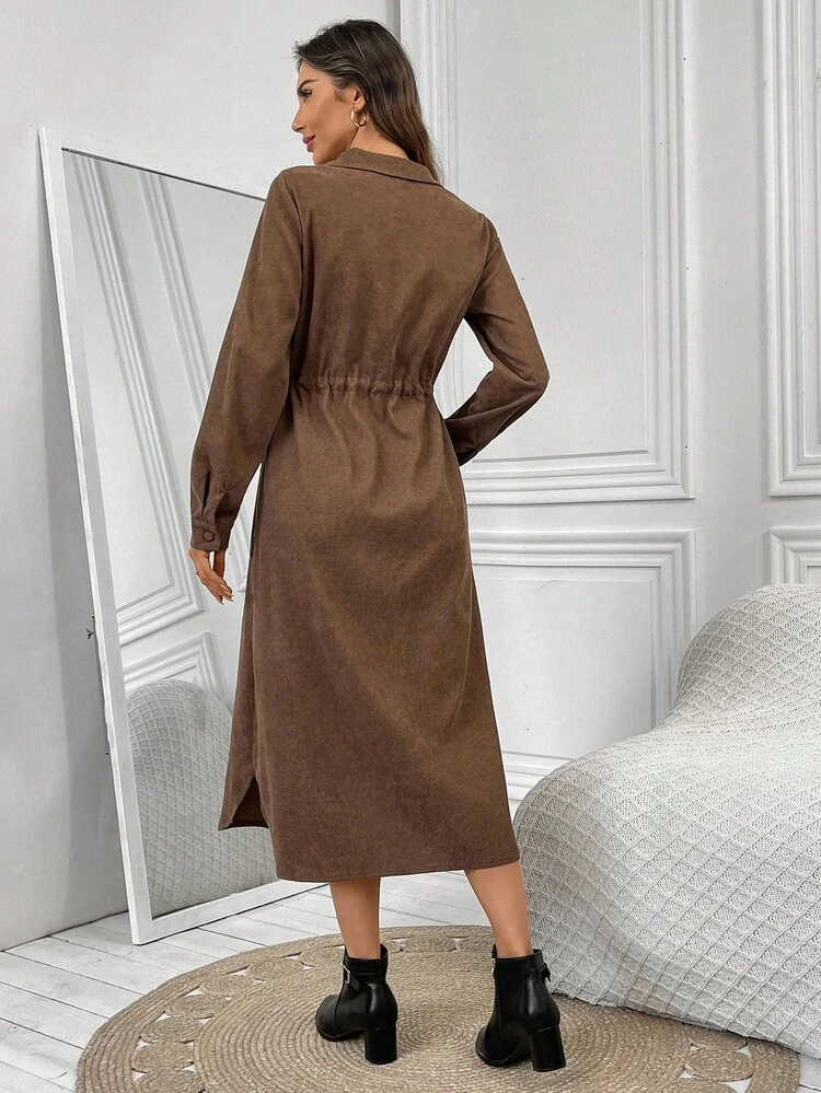 Women's Solid Color Long Sleeve Single-Breasted Drawstring Waist Casual Shirt Midi Dress