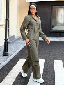 Women's Long Sleeve Button Design Drawstring Waist Wide Leg Denim Jumpsuit - Army Green - View 4