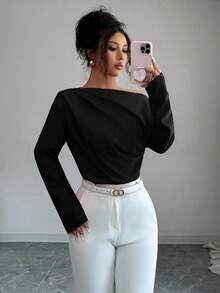 Elenzga Áo cánh dài tay xếp nếp lệch vai mới thu đông dành cho nữ - màu đen - Xem 6