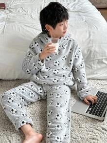 SHEIN 2pcs Tween Boy Football Pattern Hoodie Long Sleeve Top And Soft Plush Pajama Pants Set, Comfortable And Skin-Friendly, Autumn/Winter - Grey - View 4