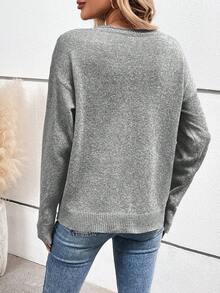 SHEIN LUNE 女式纯色V领落肩长袖休闲毛衣，秋冬 - 灰色 - 查看 2