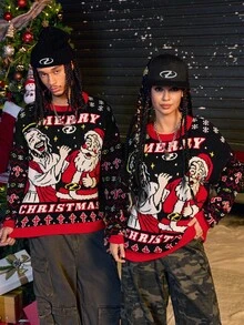 AXEPEAK 男士圣诞主题印花圆领长袖套头毛衣，冬季 - 彩色 - 查看 1