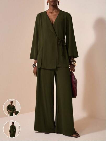 Veslaya Plus Size Women Solid Color Wrap Tie Long Sleeve Shirt And Wide Leg Pants Casual Loose Suit Wide Leg Pants Set Pant Suit Set Plus Olive Green Outfit Women Pant Suits For Woman Blazer Set For Women