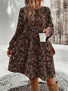 EMERY ROSE Women's Retro Black Floral & Maple Leaf Print Round Neck Ruffle Long Sleeve Short Dress,Autumn Boho Vacation Holiday Fall Winter Summer Dresses - Multicolor - View 5