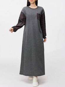 Mulvari 秋冬季休闲格子拼接长款连帽衫，长袖上衣