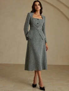 Aveloria Rosie 欧美优雅通勤垫肩方领前开衩下摆修身女士夹克和A字长裙两件套 - 灰色 - 查看 4