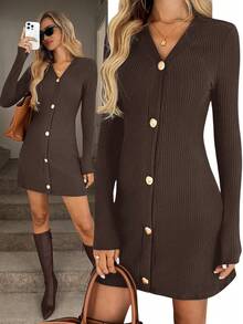 Easowa Casual Fuzzy Ribbed Bodycon A-Line Long Sleeve Black Mini Dress For Women, Autumn/Winter - Coffee - View 2