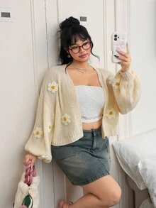 CovetEZ Plus Size Women Floral Decor Drop Shoulder Long Sleeve Cardigan In Fall/Winter - Apricot - View 7