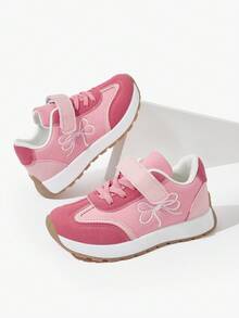 JNSQ A Pair Of Girls' Pink PU And Suede Bow, Embroidery, Lightweight Ballerina Style Shoes Kids Sneakers - Pink - View 2