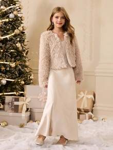 Conjunto de chaqueta de tela suave de unicolor de manga larga y cuello redondo holgada, y vestido maxi sin mangas de unicolor, estilo minimalista de moda diaria para niñas, otoño/invierno