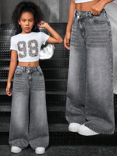 Tween Girl Y2K Streetwear Asymmetrical Waist Loose Fit Grey Washed Denim Baggy Straight Leg Jeans Wide Leg Grey Pants,Winter Jeans,Graduation Clothes For Girls,Autumn Fall Winter Outfits For Girl,Back To School Homecoming Outfits,High-Waisted Long Wide Leg Denim Jeans For Teens,Streetwear Style,Winter Pants, Wide Leg Jeans Girls, Tween Gurl Baggy Street Jeans, Baggy Jeans For Kids Y2k, Grey Baggy Jeans