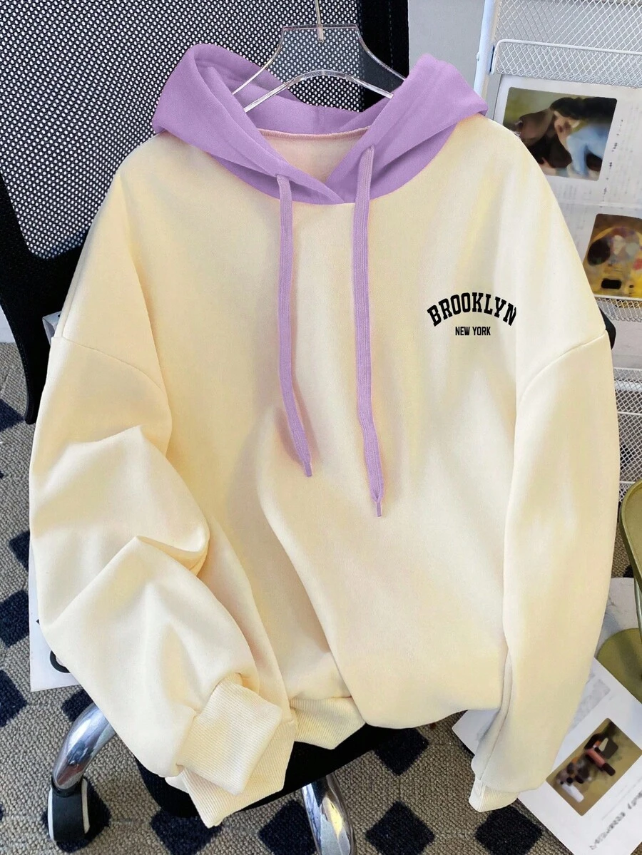 SHEIN EZwear 女士休闲撞色卫衣，秋冬季 - 淡紫色 - 查看 1