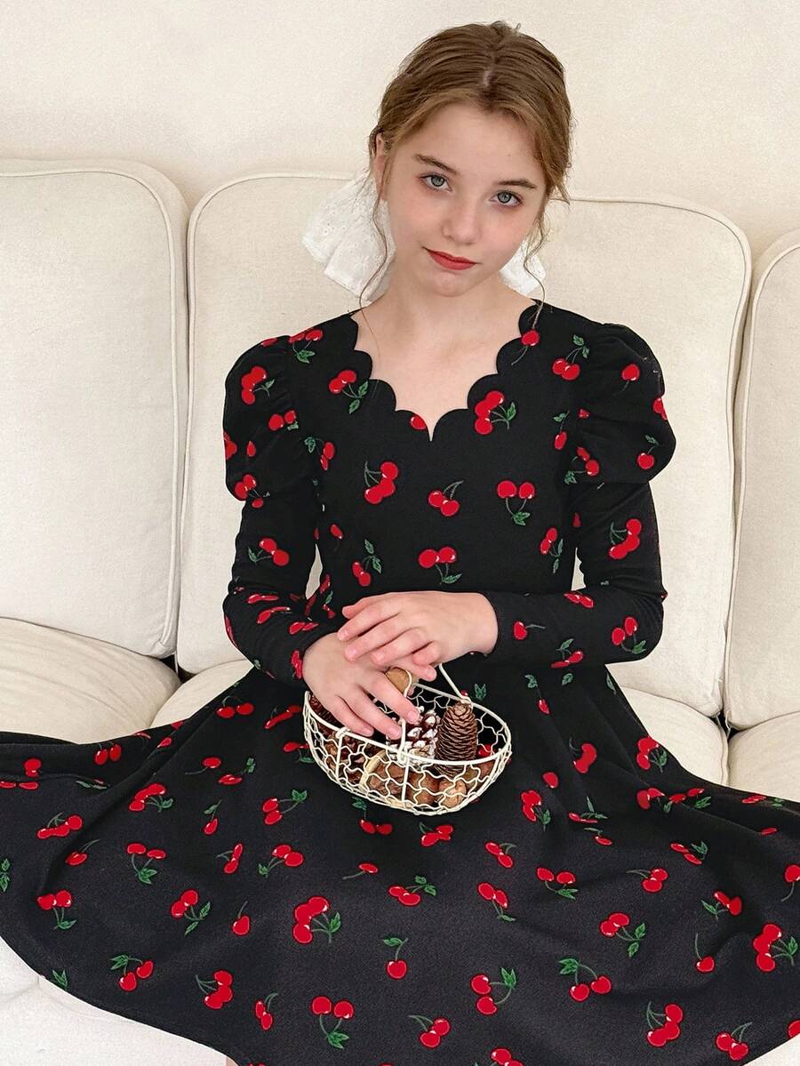 LMoss Kids Vestido casual de malha com estampa de cereja e manga gigot para meninas pré-adolescentes