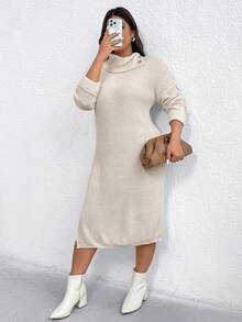 EMERY ROSE Vestido de punto casual con abertura lateral para mujer de talla grande y unicolor - Albaricoque - Ver 6