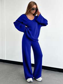 EURMUSE Women V-Neck Flare Sleeve Detailed Sweater And Pant Set - Royal Blue - View 4