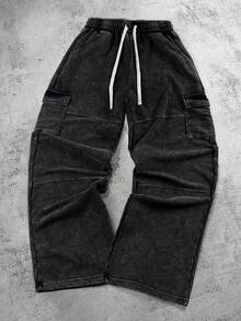 PAVTROS 男士休闲水洗工装运动裤，腰部抽绳，黑色工装牛仔裤，男士黑色工装裤，宽松工装裤，男士水洗黑色工装裤，男士黑色工装裤，宽松工装裤，休闲裤，宽松裤，运动裤，慢跑裤，宽松 - 黑色 - 查看 3