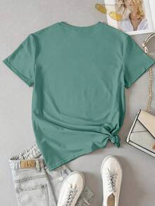 INAWLY Áo thun nữ tay ngắn cổ tròn dáng rộng thoải mái - Màu xanh Cadet - Xem 2