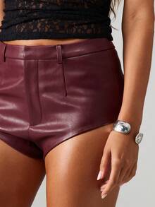 MISSGUIDED 仿皮热裤高腰短裤节日派对夜店夜场短裤冬季迷你短裤 - 酒紅色 - 查看 5
