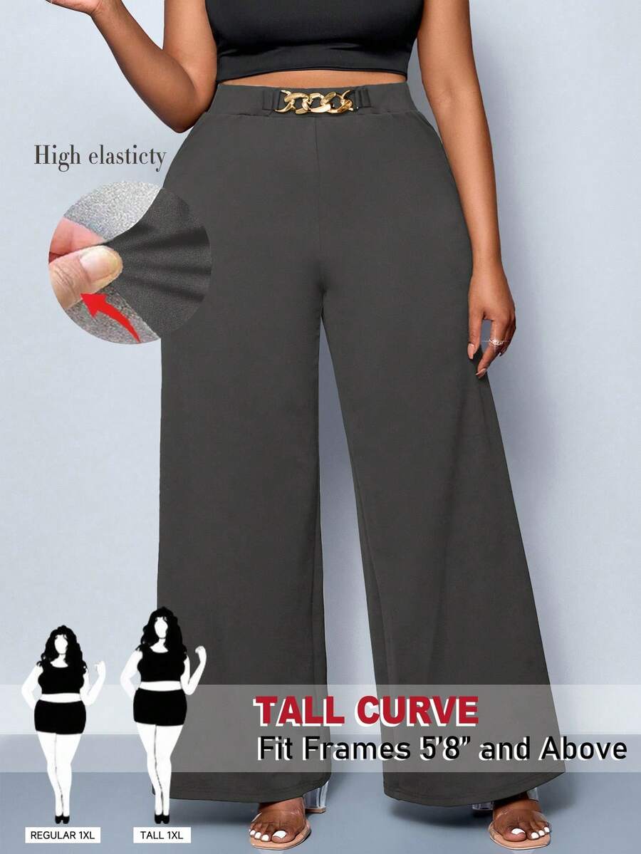 SHEIN Tall 大码女式纯色腰带金属扣细节阔腿裤，短裤，四季风格，派对，音乐会，通勤日常风格，音乐节，浪漫，情人节，度假，春夏宽松裤 - 深灰色 - 查看 1