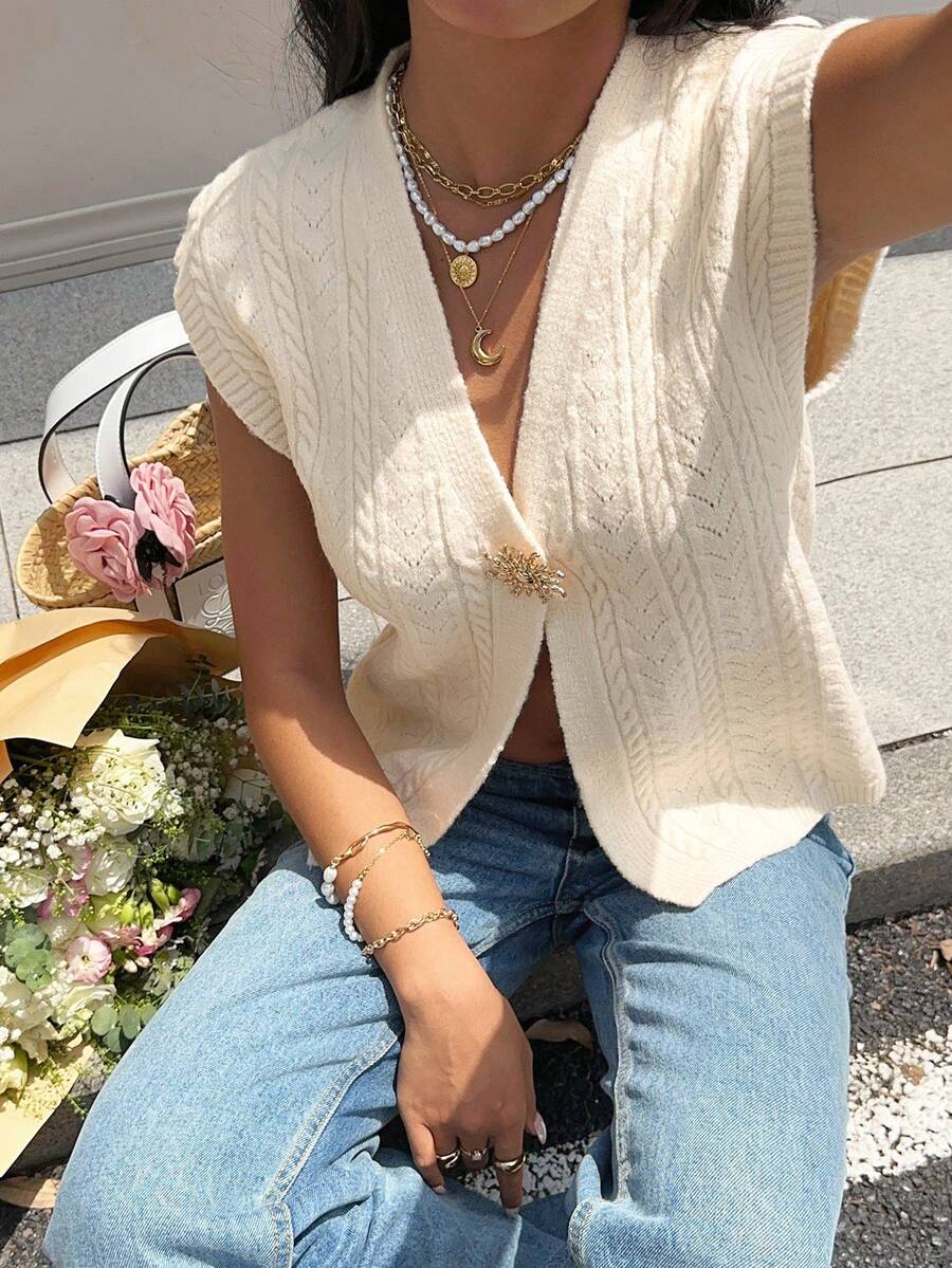 Serisse Maglia casual da donna con decorazione in metallo, adatta per l'autunno/inverno, con bottoni, capo versatile per l'inverno, caldo e confortevole per l'autunno e l'inverno, ideale anche per il Ringraziamento e l'estate - Albicocca - Visualizzare 1